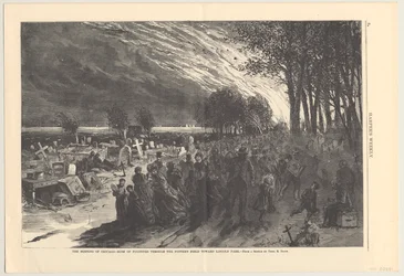 De Brand van Chicago - vlucht van vluchtelingen door het pottersveld naar Lincoln Park, illustratie uit Harper